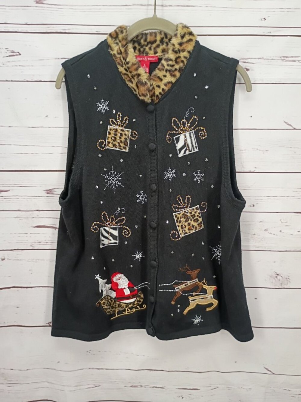 Merry & Bright Womens Christmas Vest W/ Faux Fur Collar Leopard Santa Reindeer L